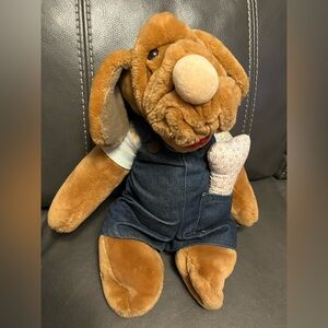 Brown Plush Dog Toy with Denim Overalls Wrinkles